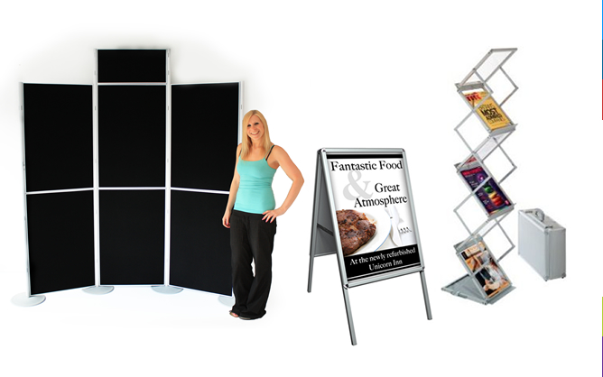 Various stands for signs and brochures